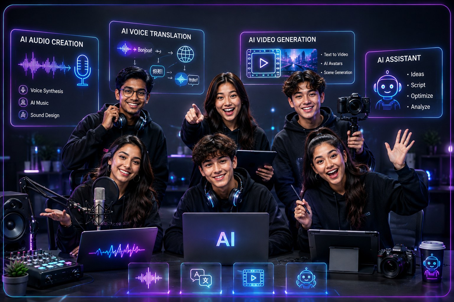 Six teenagers in a recording studio surrounded by neon panels for audio, translation, video and assistant tools