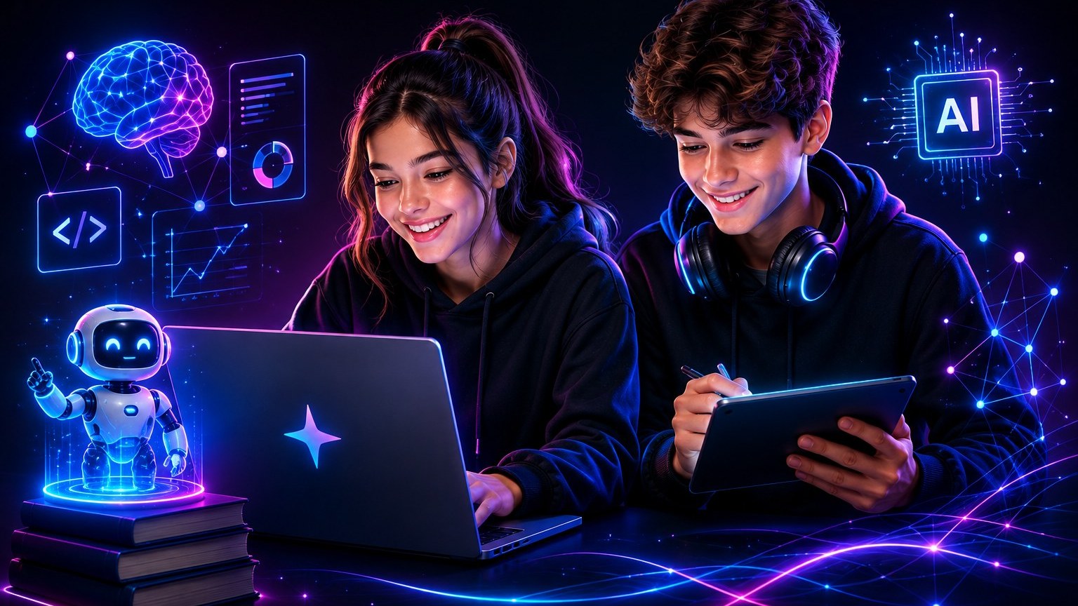 Two teenagers building with AI on a laptop and tablet beside a small robot assistant